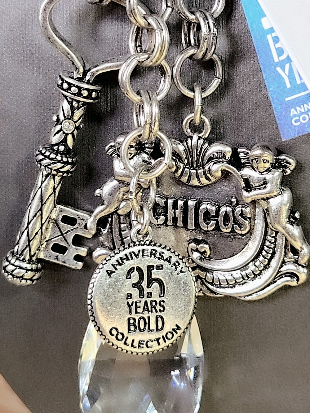 Chico's Limited Ed Silver Tone 35th Anniversary Charm Necklace with Crystal Drop